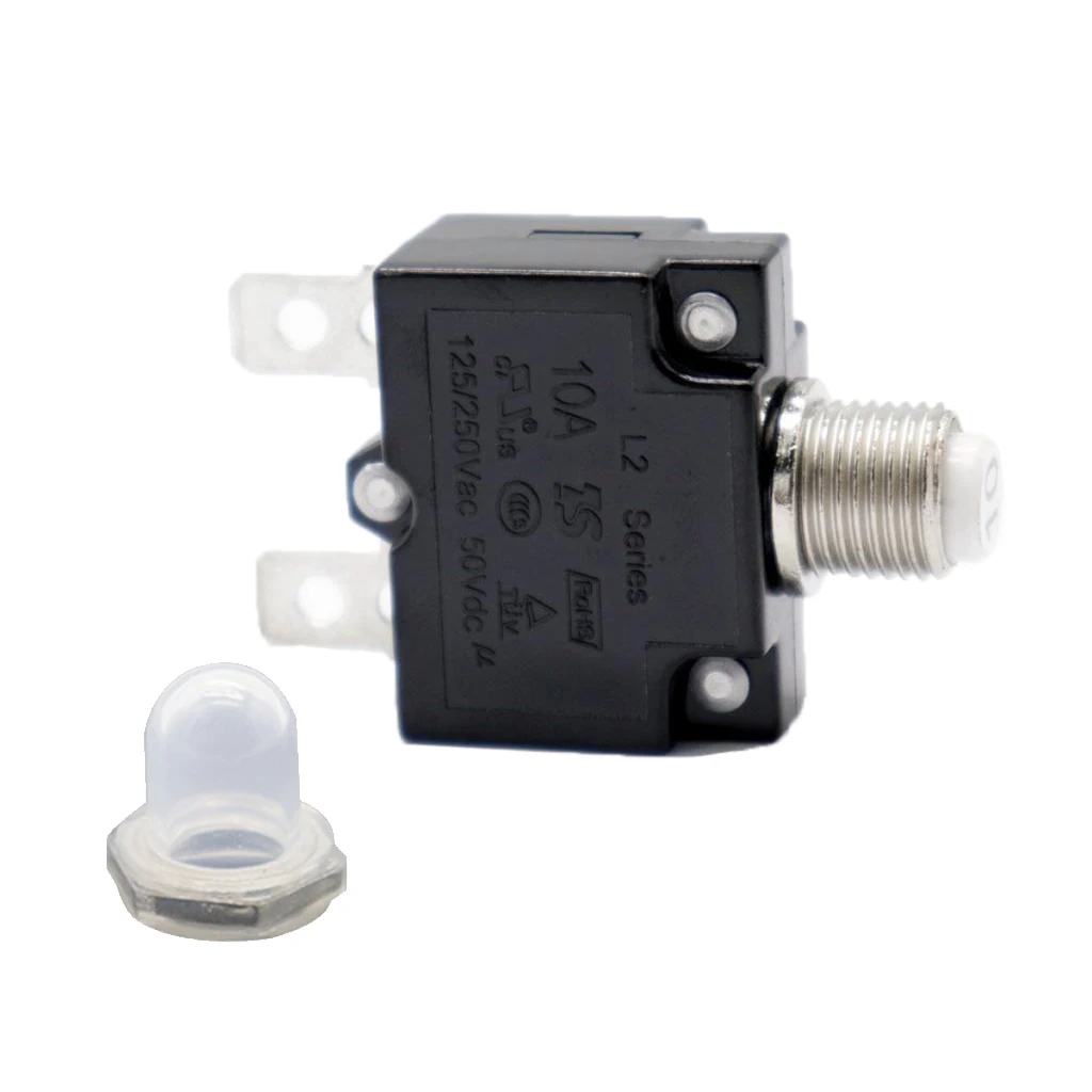 10 Amp Push Button Circuit Breaker 50V DC or 250V AC, Mounts in 3/8 inch (10 mm) Round Hole, Transparent Button Cap