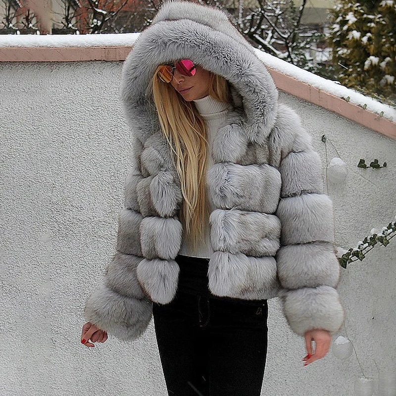 2020 New Light Grey Fox Fur Coats With Hood Winter