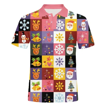 

IFPD EU Size Funny Christmas Grid Stitching 3D Print Polo T Shirts Men Xmas Tshirt Casual Cartoon Party Short Sleeve Polo Shirts