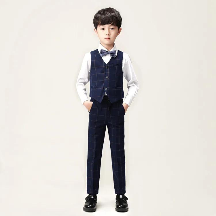 Stage Performance Boys Formal Wear 3 Piece Sets Plaid Single Breasted Blazer Jackets+Vests+Pants Wedding Suits Kids Outfit 2-13T