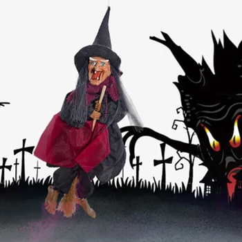 

Halloween Hanging Witch Dolls Voice Control Prop Animated Ghost Scary Riding Broom Wall Hang Party Outdoor Home Decor Toys Q30