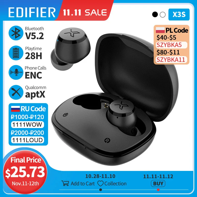 Беспроводные Bluetooth-наушники EDIFIER X3S TWS bluetooth 5 2 режим игры Qualcomm aptX время работы 28