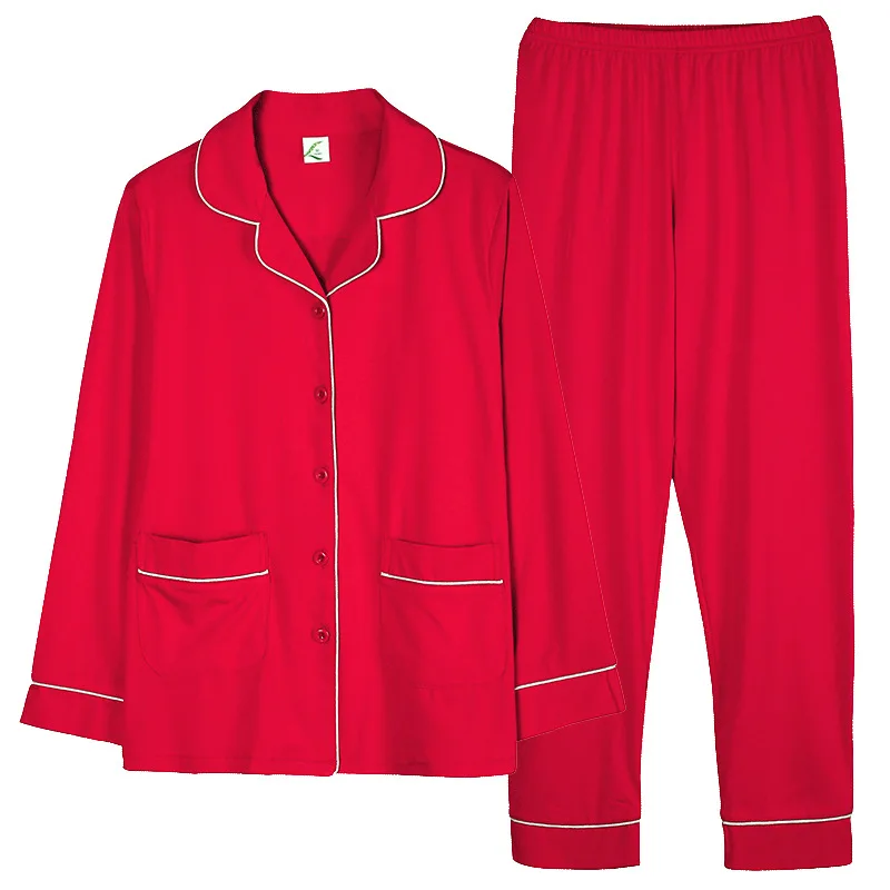 

Red Color Pajamas Women's Long-Sleeved Spring and Autumn Cardigan Tops Long Pants Home Suit for Home Cute Pajamas
