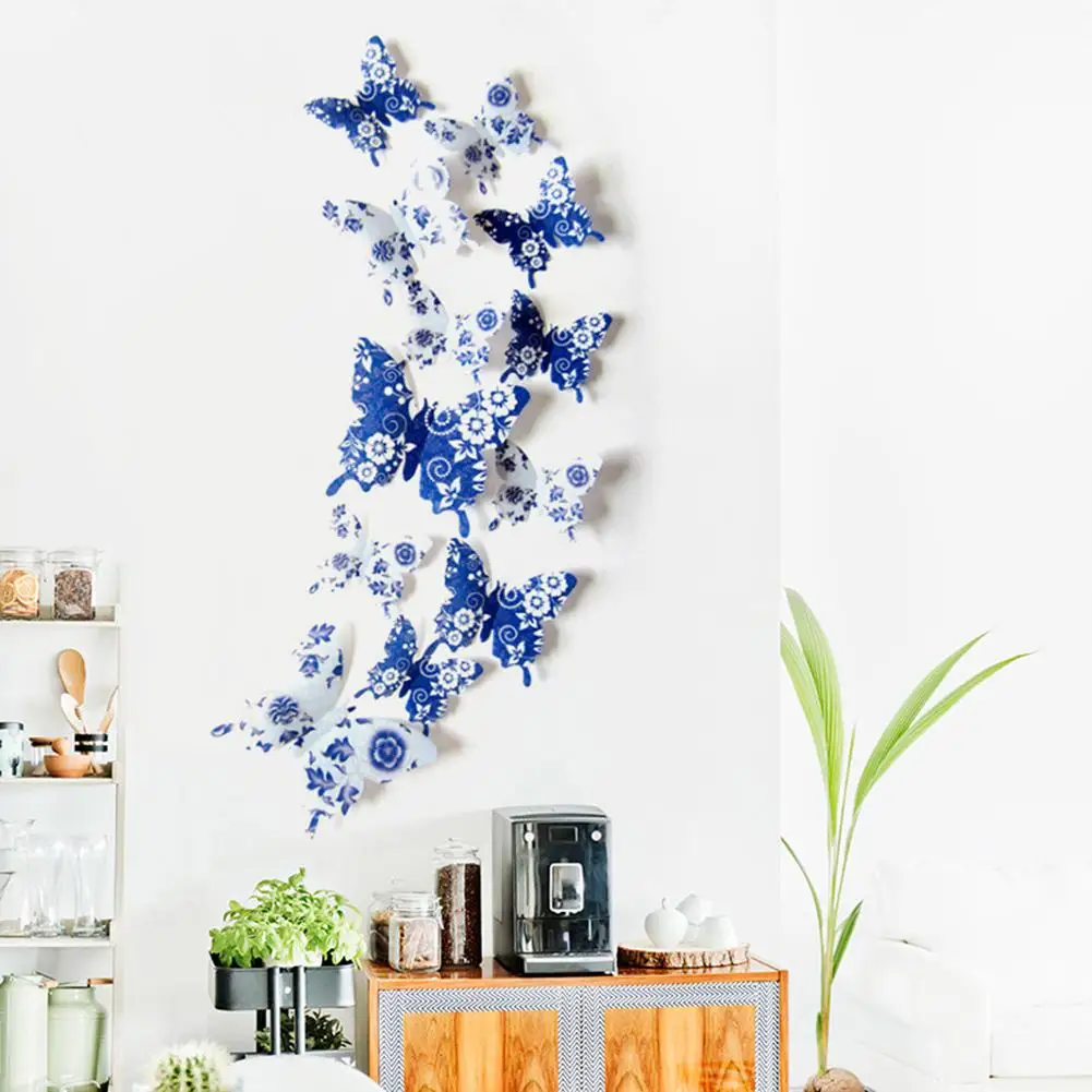 

GloryStar 12Pcs Blue and White Porcelain 3D Butterflies Wall Stickers for Bedroom Refrigerator Background Decoration