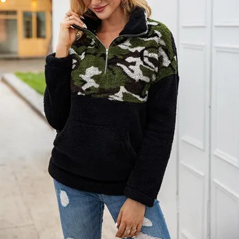 

Hoodies Women 2019Autumn Winter New Zipper Lapel Casual Sweatshirt Camouflage Stitching Sweatshirts Pockets Loose Warm Pullovers