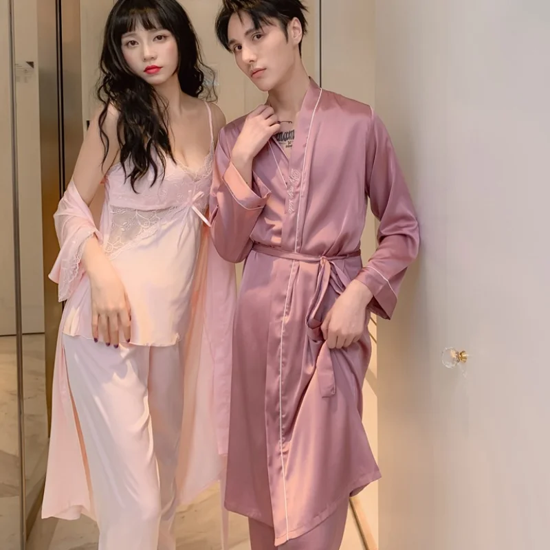 

Men Faux Silk Robe Pajama Sets Couple Fashion Bride Wedding Morning Gown Newest Ice Silk Three-Piece Suit Male