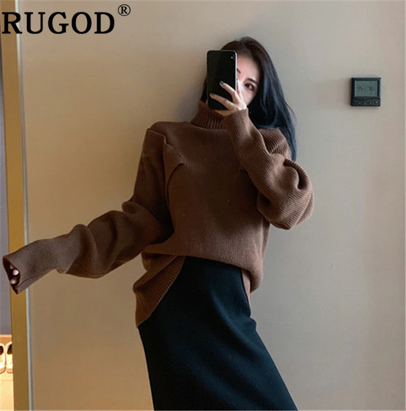 RUGOD корейский однотонный вязаный свитер женское винтажное платье с открытыми плечами водолазка для влюбленных свитера женский auturm теплый свитер