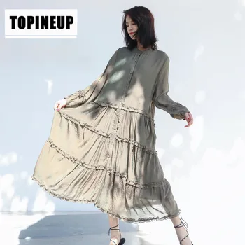 

2020 Womens Spring Simple Round neck Solid color big size bright silk thin coat Plus size dress