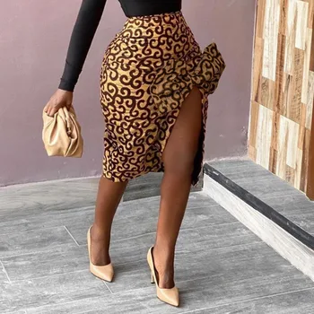 

Sexy Leopard Printed Women Skirts Fashion Split Slim Mini Party Dinner Club Skirt High Waist Female New Bow Tie Skirts