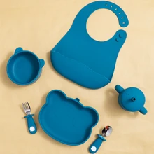 

New Design Cartoon Animal Bear Shape Baby Silicone Feeding Set Suction Plate and Bowl Straw Cup Fork Spoon Children's Tableware