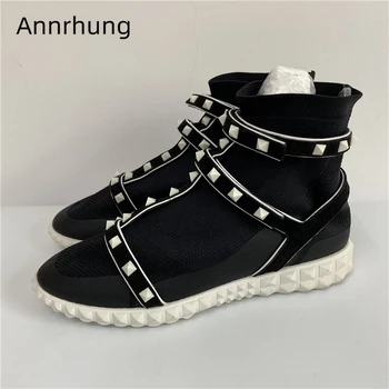 

Size 39 Wool Knitted Sock Boots Women Round Toe Thick Heel T-strap Rivet Decor Stretch Fabric Ankle Boots Women