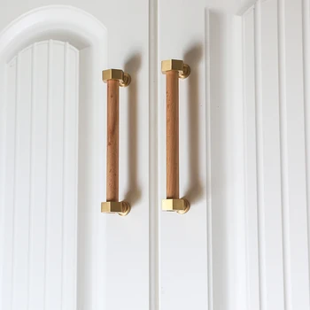 

Wood+Brass Cabinet Knobs and Handles Simple Style Bookcase Door Handles Drawer Pull Furniture Handles/140mm/170mm