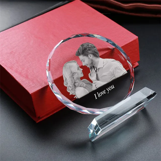 Personalized Round Crystal Photo Frame 2D Laser Engraved Glass Pictures Ablum Keepsake Gifts for Newbaby Anniversary Birthday 2