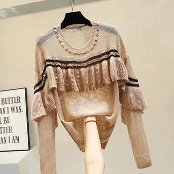 

Knitted Undershirt Woman 2019 Autumn Sweater Loose Outside Thin Long-sleeved Beading Sweaters Women Striped Knitting Jumper Tops