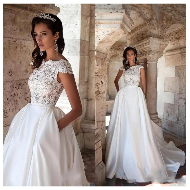 

O-Neck Short Sleeves A-Line Wedding Dresses Pleated Ruched Bridal Gowns 2020 Modest Custom Backless Long Robe De Mariee