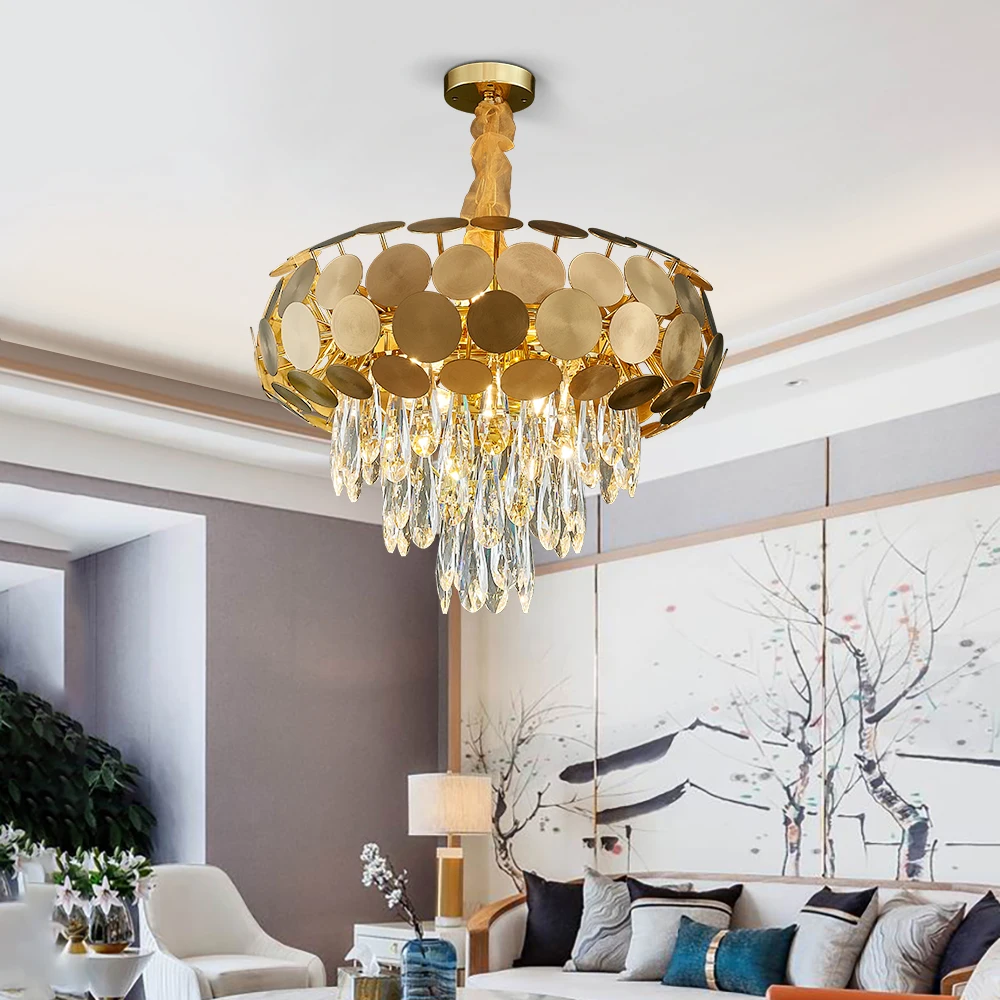 

New Arrival Led Decorations Lights Round Crystal Chandelier Lighting High Quality Gold Stainless Steel Hanging Lamp