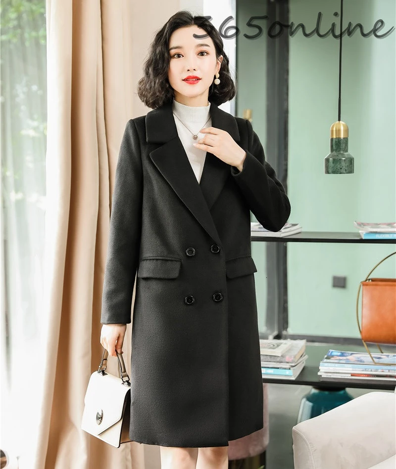 

High Quality Fabric Middle Long Windbreaker Warm Winter Outwear Jackets Coat Double Breasted Women Woollen Overcoat Black
