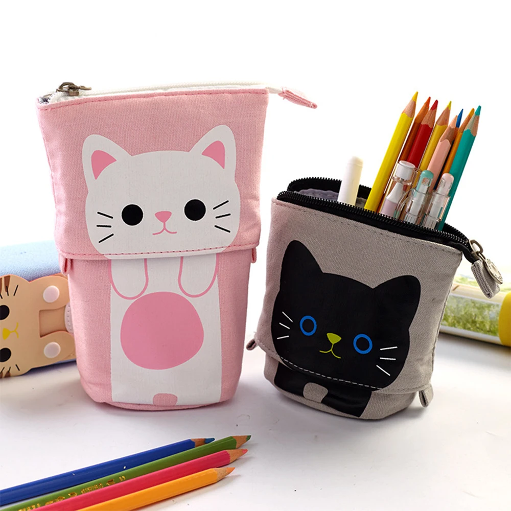 1 шт. холщовый чехол для карандашей с изображением милого кота, сумка для канцелярских принадлежностей, чехол для ручек с застежкой-молнией