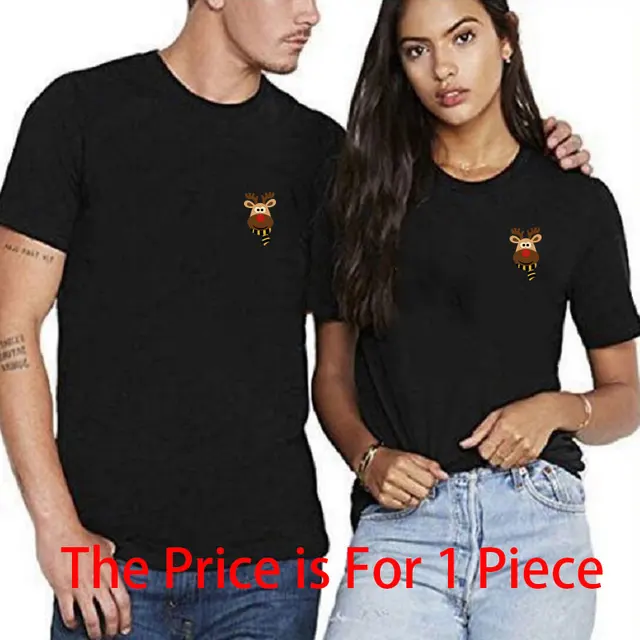 Christmas Couple Top T-shirt Merry Christmas Casual Cotton Short Sleeve Tees Brand Loose Women And Men Santa Outfits Clothes Deer1 Black