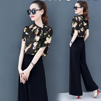 

Fashion 2 Piece Set Summer New Elegant Woman Floral Shirt Wide Leg Pants Two Piece Set Black Pink Plus Size Trousers