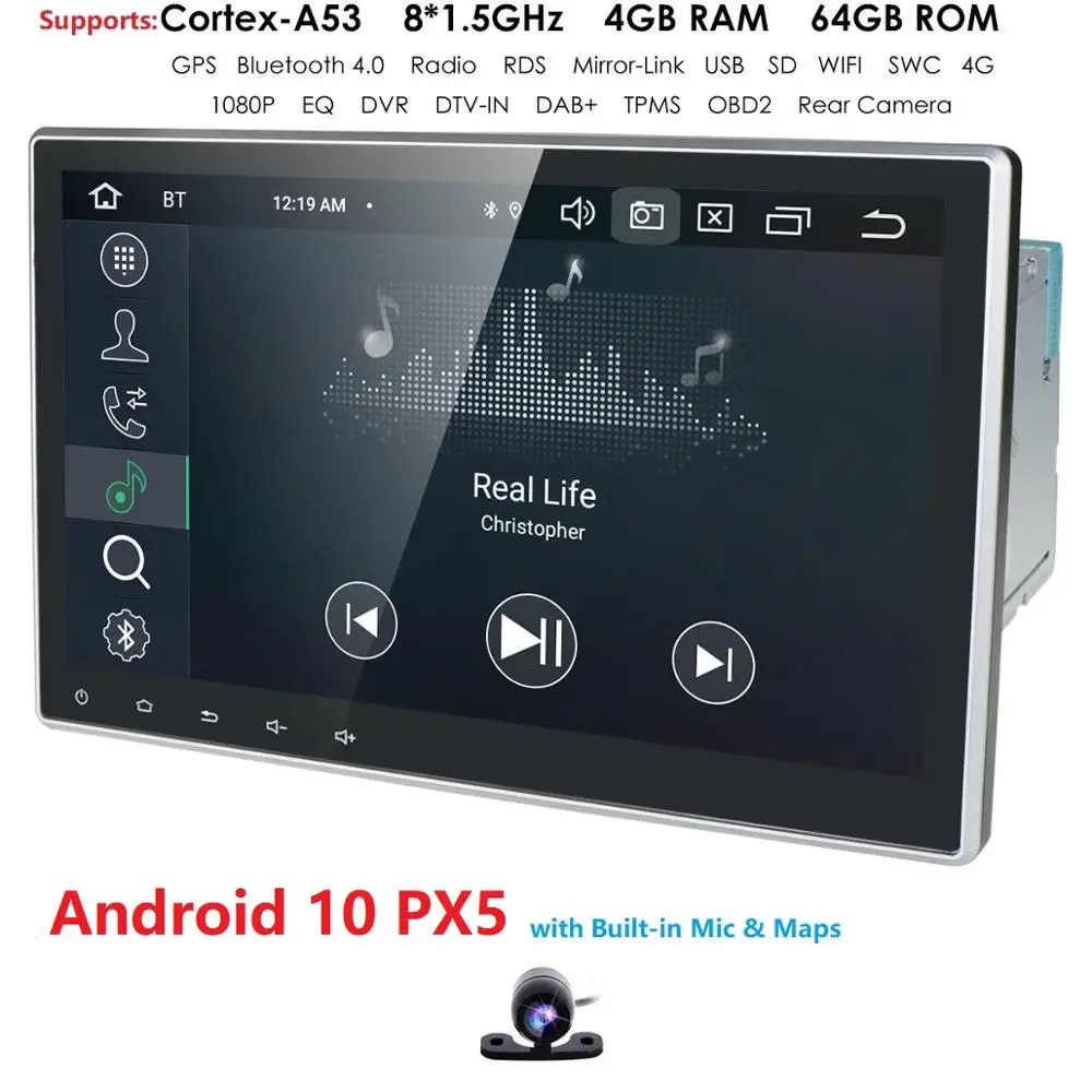 10.1 Inch 2Din Android10.0 Universal Car No-DVD Player Stereo Radio GPS Navigation WIFI Bluetooth DAB OBD2 TVbox 4GB RAM+Map+CAM
