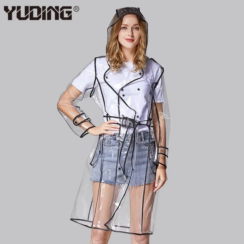 

Yuding Transparent Women Raincoat with Belt Hooded Long Fashion Waterproof Adult Rain Poncho Black Hem Clear Rain Coat for Woman