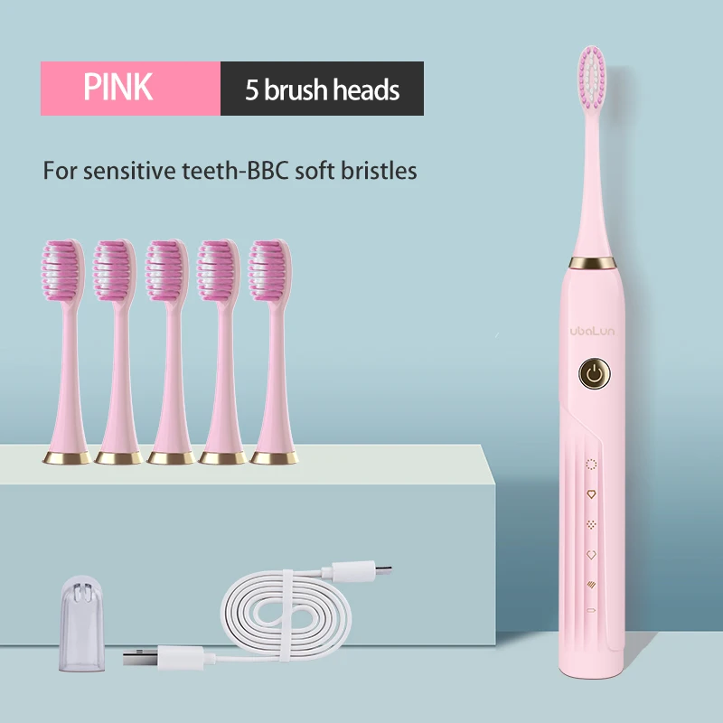 BBC PINK 5 HEADS UBALUN электрическая зубная щетка Магнитная подвеска электрическая перезаряжаемая зубная щётка ультра звуковая электрическая зубная щетка 5 8 насадок - Цвет: BBC PINK 5 HEADS