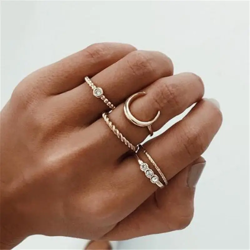 

Bohemian Vintage Gold Crescent Geometric Joint Ring Set for Women Crystal Personality Design Ring Set Party Jewelry Gift