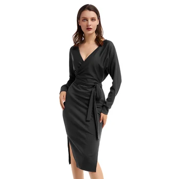 

Bikitique Solid Color Deep V-Neck Long Sleeve Knitted Elastic Split Sexy Dress Women Backless Winter Dress Bodycon Dresses