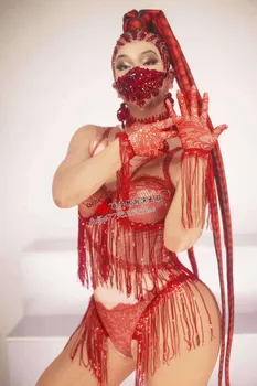 

Women Stage Costume Nightclub Boom Nightclub Bar Gods Costumes Female Party Guest Dance Team Sexy Red Tassel Bikini Outfit