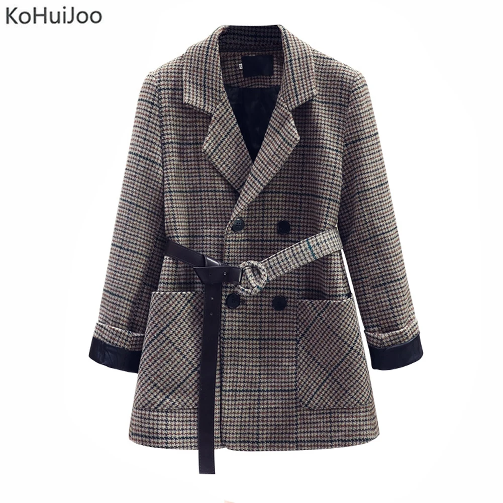 KoHuiJoo зимние женские шерстяные блейзеры корейские свободные винтажные хлопковые клетчатые блейзеры двубортные повседневные толстые хлопковые стеганые пальто