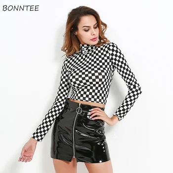 

T-shirts Women Long Sleeve Tees Plaid Elegant Street All-match Womens Inside Slim Turtleneck Chic European Style Ladies Clothing