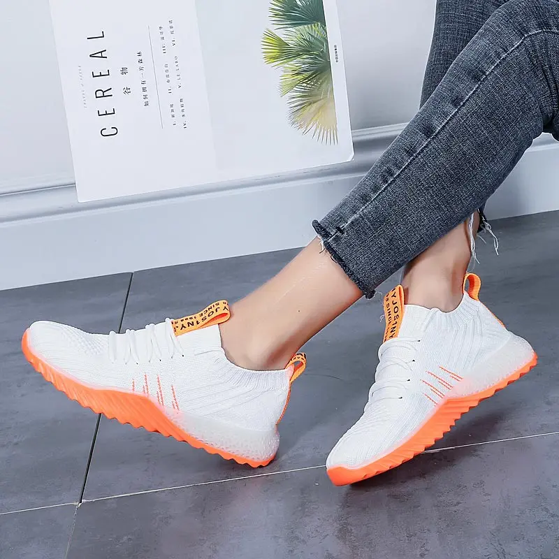 white-orange Летние дышащие кроссовки; женская спортивная обувь; спортивная женская обувь для бега; коллекция года; Цвет белый; zapatos mujer; для фитнеса, тенниса, тренировок - Цвет: white-orange