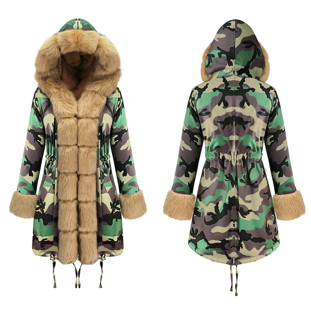 Зимнее женское пальто из искусственного меха, повседневное длинное плотное теплое меховое пальто с капюшоном, женские меховые куртки, камуфляжное пальто, хлопковая верхняя одежда