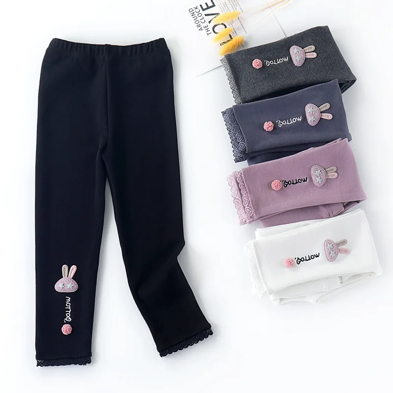 

2020 Girls Warm Pants Kids Cartoon Decoration Trousers Autumn Winter Child clothes Solid color Elasticity Slim Girls Legging