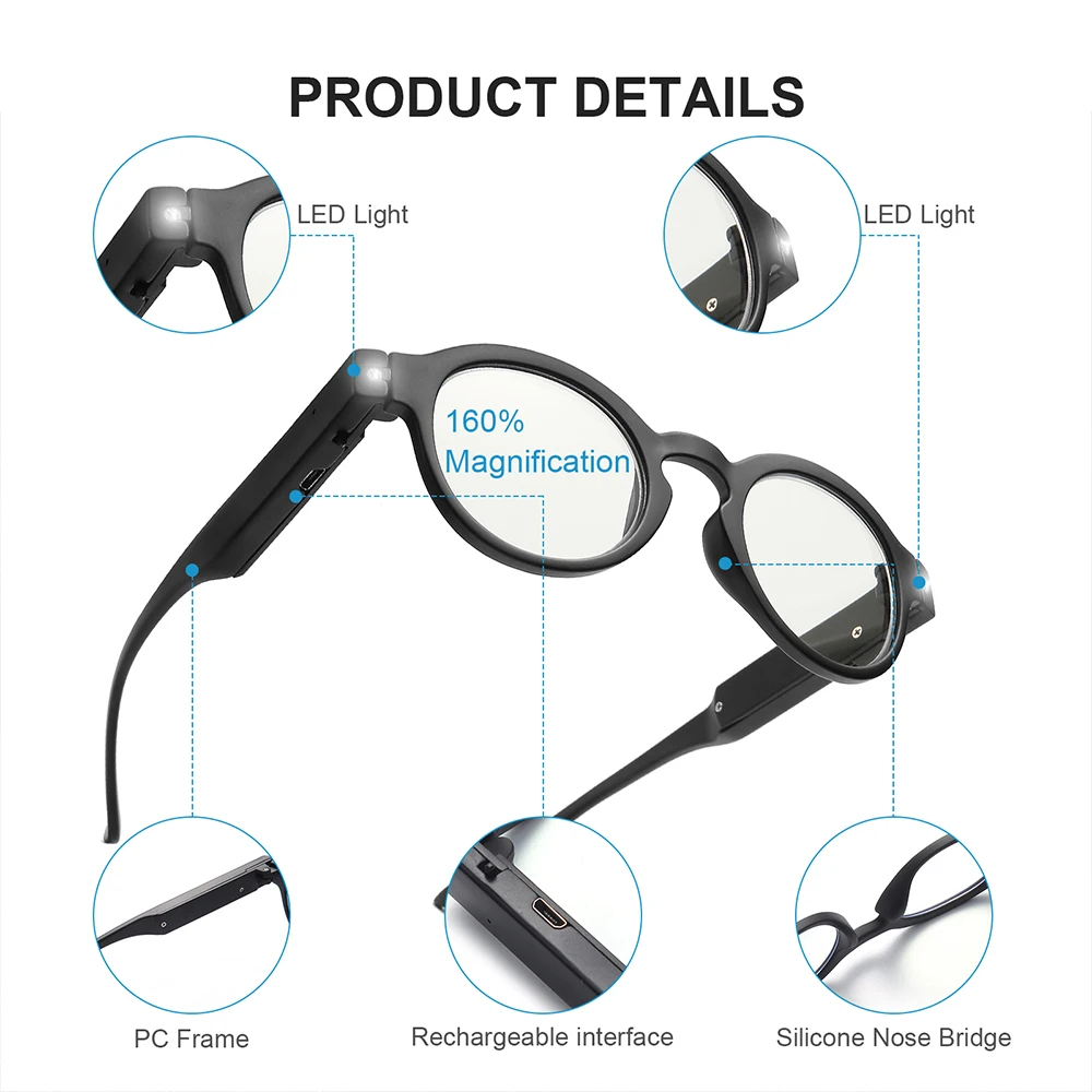 2022 New Reading Glasses with Lights LED Lighted Magnification Eyeglasses USB Charging Magnifying Readers for Men and Women 6