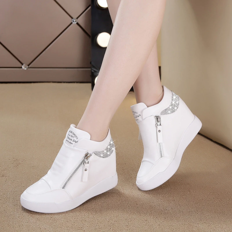 Zapatillas altas de plataforma para mujer, botines con aumento de cremallera en el interior, zapatos informales con diamantes de imitación, color blanco, a la moda, novedad|Zapatos vulcanizados de - AliExpress