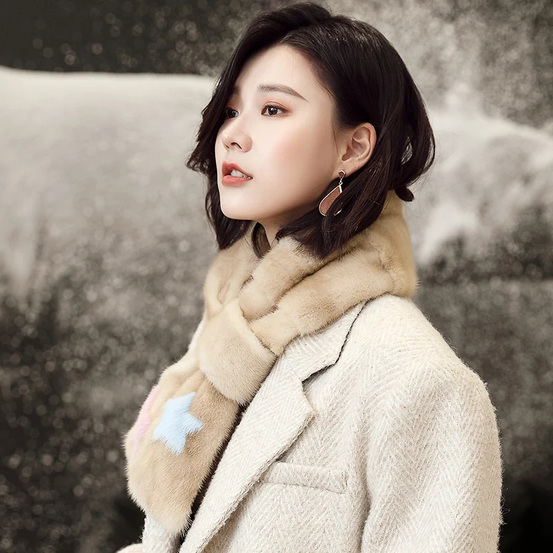 Lantafe Mink Scarf Winter For Women Scarf Real Fur Collar Scarf Star Pattern Mink Fur Scarf Neck Warm Winter Scarf Fashion