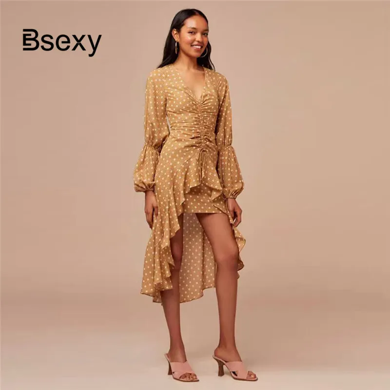 

Sexy Golden Polka Dot Irregular Dress 2019 Autumn WOmen V neck Long Sleeve Lace Up High Low Dress Ruffles Pack Hip Midi Dress