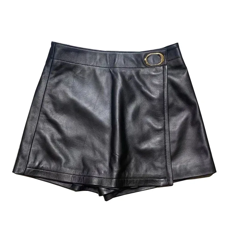 Sheepskin Leather Shorts Women Genuine Leather Empire Waist A-Line