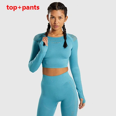 Blue Top And Pants Женский комплект для спортзала, йоги, бесшовная одежда для тренировок, спортивная одежда, леггинсы для фитнеса и укороченные рубашки, спортивный костюм, спортивный костюм с длинным рукавом - Цвет: Blue Top And Pants