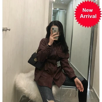 

Turn-down Collar 2020 Wine Red Full Sleeves Single Breasted PU Leather High Waist Leather Jacket Female Red