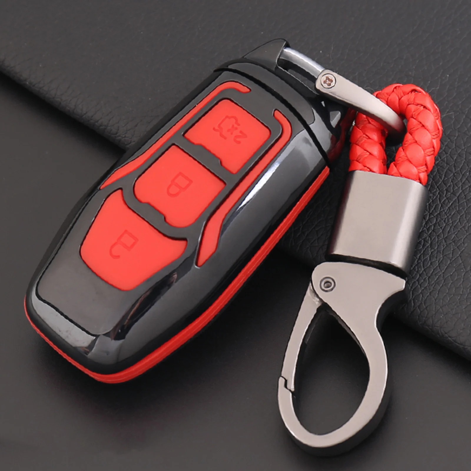 For Ford Edge Mondeo Mustang Key Shell keychain Carbon Fiber+Silicone Car Smart Remote Key Case Automobile Protective Cover - Color Name: Black Red