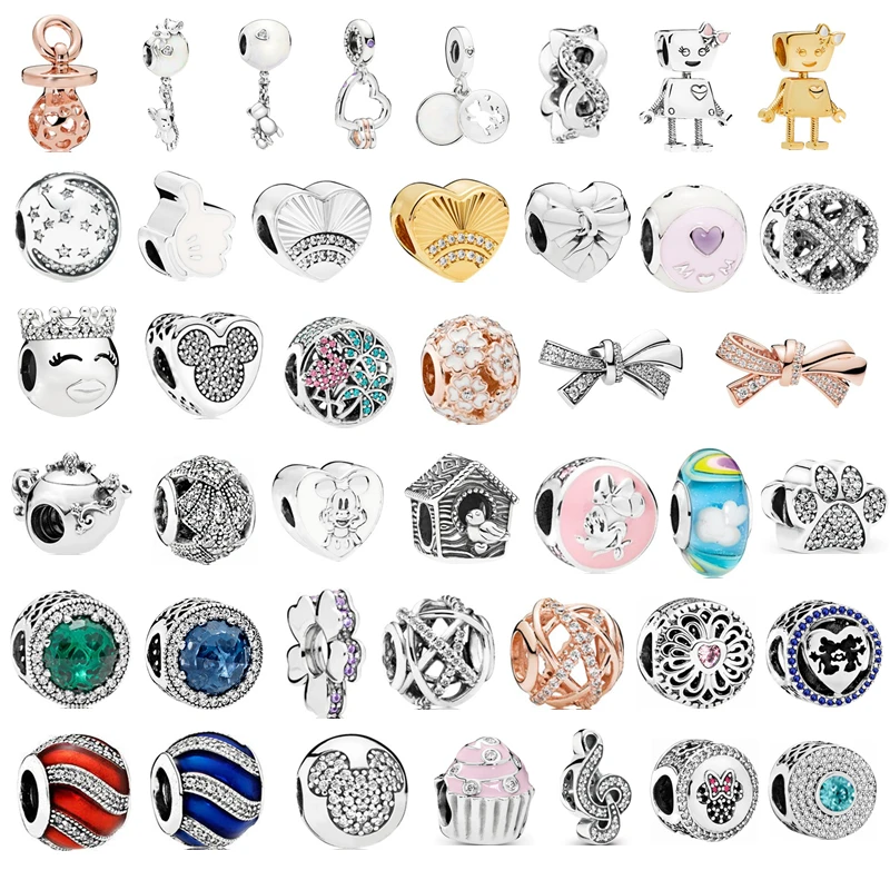 Fit Original Pandora Charms Silver Bracelet Trinket Jewelry Women Gifts New Simple Style Rainbow Mickey MOM Bear Robot DIY Bead