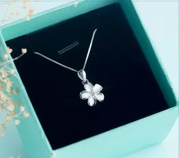 

925 Real. Sterling Silver White Enamel Flower Plumeria Hawaii Necklace Hibiscus Pendant With CZ chain 18" gtlx608