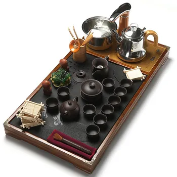 

Complete Tea set home Wujinshi tea tray Ceramic teacup Teapot solid wood whole block automatic induction cooker large tea plate