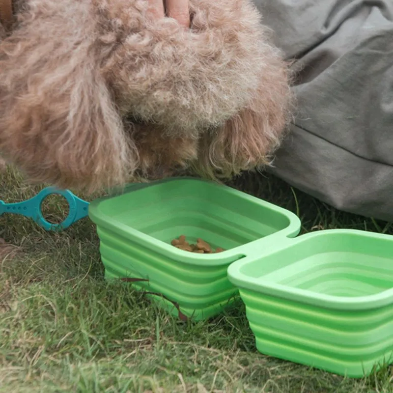 Двойные миски для домашних животных с зажимом для путешествий на открытом воздухе, складная кормушка для собак, складная силиконовая миска для путешествий, подача воды пищи
