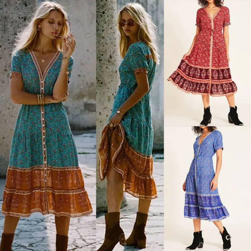 

Lady V-Neck Floral Print Boho Short Sleeve Summer Beach Casual Midi Dress