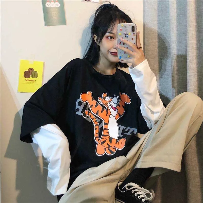 Черный NiceMix Harajuku стиль зеленый комический персонаж принт лоскутный Топ осень уличная поддельная 2 шт длинный рукав футболка для женщин и мужчин - Цвет: Черный