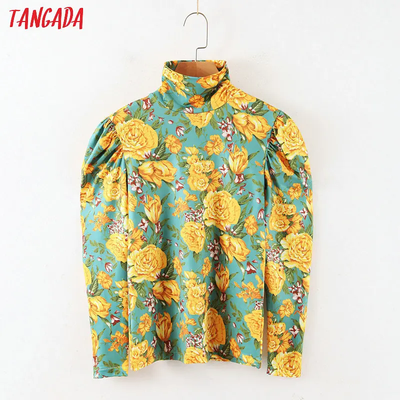 

Tangada women retro print turtleneck blouse strethy long sleeve chic female slim fit shirt blusas femininas QB78